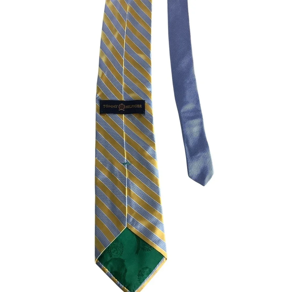 Tommy Hilfiger Men Tie 100% Silk‎ Blue Gold Striped Classic Necktie USA Formal